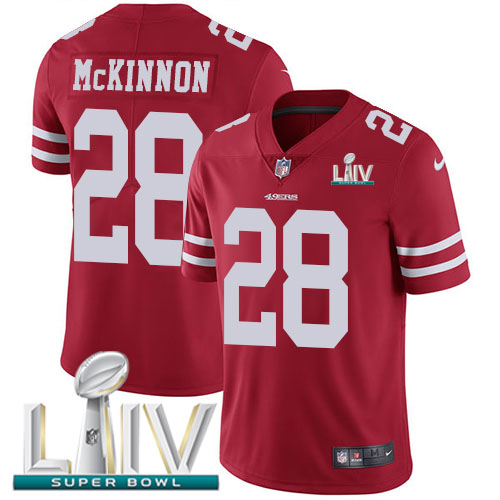 San Francisco 49ers Nike #28 Jerick McKinnon Red Super Bowl LIV 2020 Team Color Youth Stitched NFL Vapor Untouchable Limited Jersey